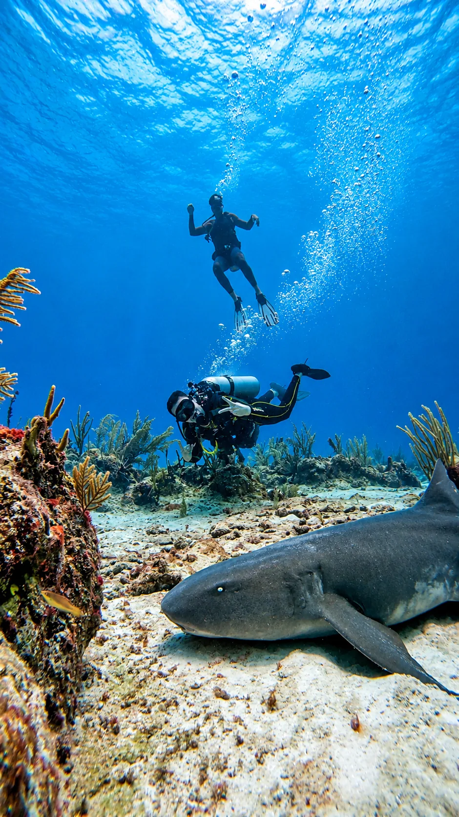 Plongeurs observant un requin bouledogue à Playa del Carmen